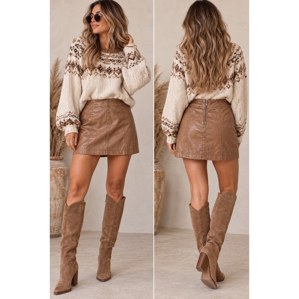 Free People Skirt Womens 0 Brown Vegan Leather Mini Zip Back Slim Fit Casual
